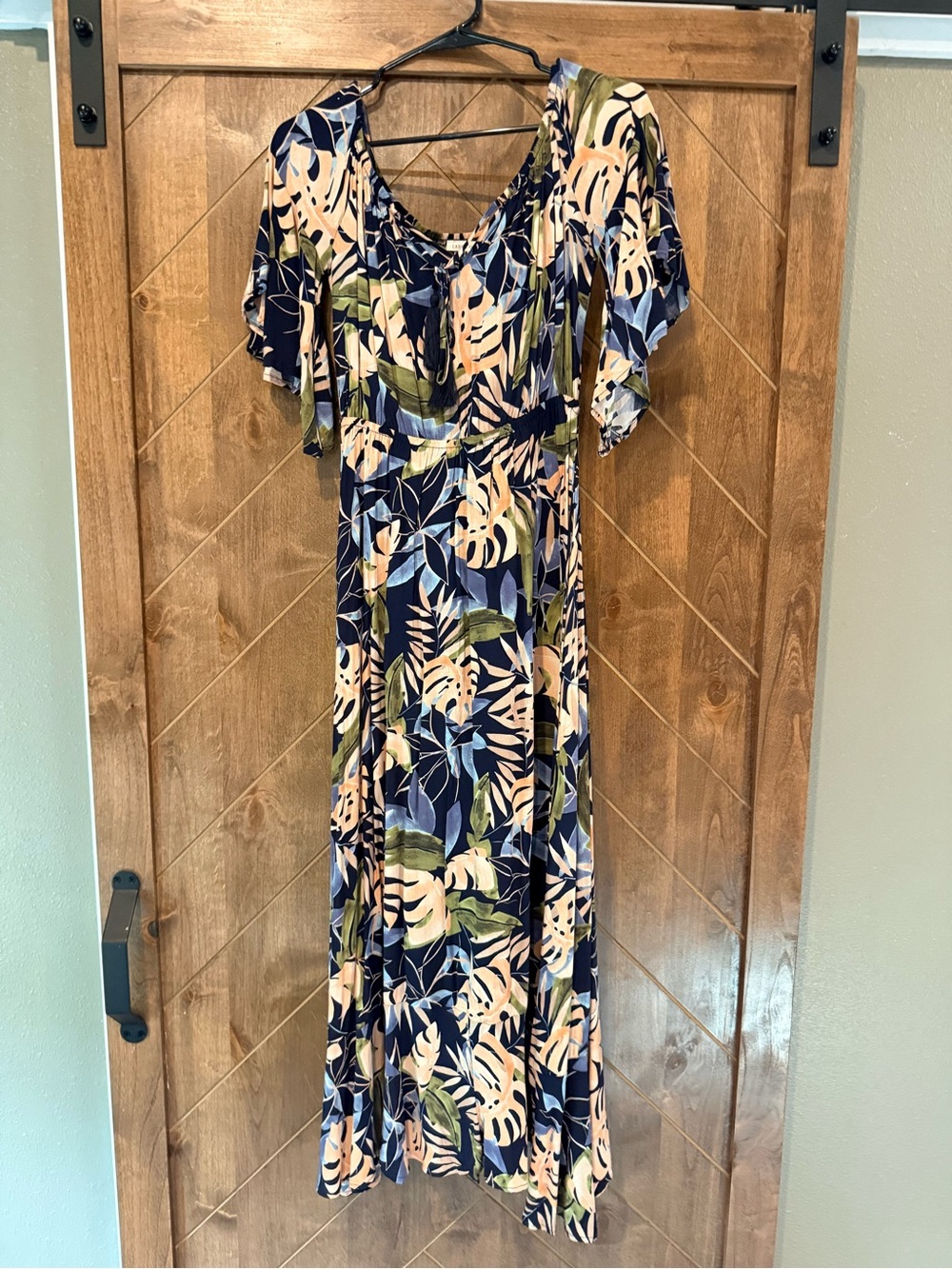 Navy Tropical Print Maxi Dress with Peach Accents